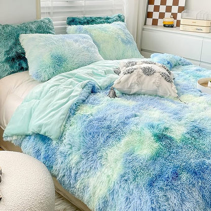 Wajade Faux Fur Plush Tie Dye Blue Green Comforter Set Fluffy Fuzzy Shaggy Bedding Set - 3PC Full/Queen Microfiber Soft Warm Quilt Set