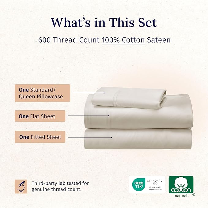 California Design Den Luxury Twin Sheet Set - 100% Cotton, 600 Thread Count Deep Pocket Twin Sheets, Soft Hotel-Quality Bedding with Sateen Weave - Ivory (Warm Cream)