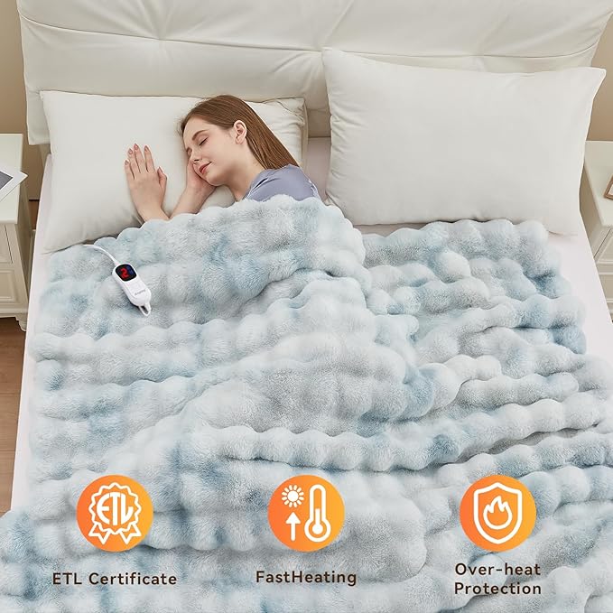 Heated Blanket Full Size with 1/2/4/6/8 Hours Auto-Off 10 Heat Level, 62'' * 84'' Cozy Faux Rabbit Fur Bubble Electric Blanket with Overheat Protection(Brown)