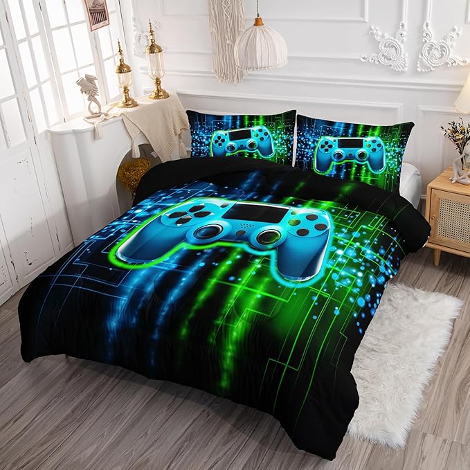 Green Gamepad Comforter Set 3D Gamepad Printed Bedding Set with 1 Comforter and 2 Pillowcases for Boys and Girls Bedroom All Season(Gamepad Twin)