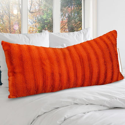 Cheer Collection Faux Fur Long Body Pillow - Accent Throw Pillow for Bed and Couch - Decorative Lumbar Pillow with Insert, Rust Orange (18" x 40")
