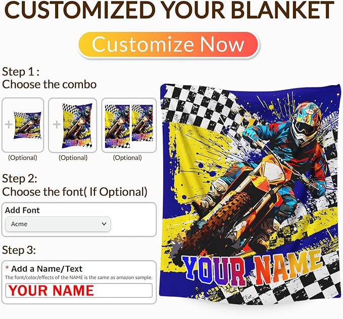 Boys Blanket Gifts Personalized Dirt Bike Blankets for Kids Toddlers Boys - 30" x 40" Custom Name Cute Car Themed Motorcycle Soft Lightweight Flannel Throws for Couch, Sofa, Bed, Office, Travel