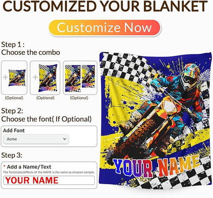 Blanket for Boys, Personalized Dirt Bike Throw Blanket Gifts for Kids Boys Age 4-6, 40"x50" Cute Custom Flannel Motorcycle Blankets Gift for Son Cars Lovers Lightweight Throws for Couch Sofa Bed Decor