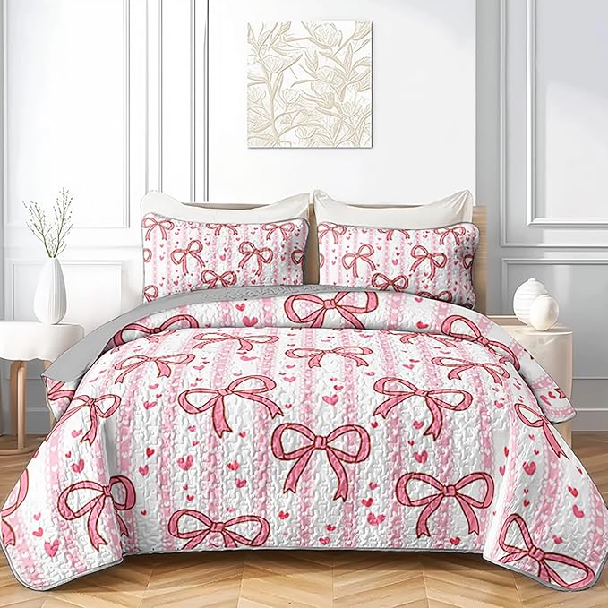 QOOMO Bow Quilt Set Twin Size,Bowknot Bedspread Coverlet Set,Pink 3Pcs Bedding Set Printed Quilt with 2 Pillowcases,Soft and Lightweight,for All Seasons