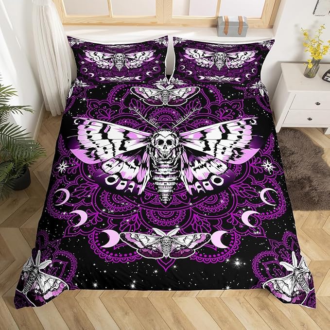 Moth Skull Duvet Cover Set King Size,Gothic Butterfly Skeleton Comforter Cover with 2 Pillowcases,Purple Mandala Stars Moon Modern Bedding Set for Adult Young Bedroom Xmas Gift