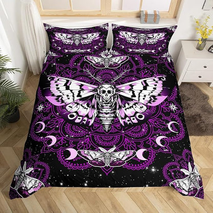Moth Skull Duvet Cover Set King Size,Gothic Butterfly Skeleton Comforter Cover with 2 Pillowcases,Purple Mandala Stars Moon Modern Bedding Set for Adult Young Bedroom Xmas Gift
