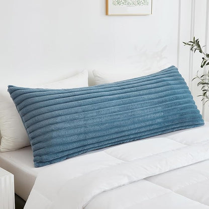 Full Body Pillow with Fluffy Stripe Faux Fur Removable Cover, Long Bed Pillow Adult 20x54 Inches for Side Sleeper and Pregnancy, Dusty Blue.