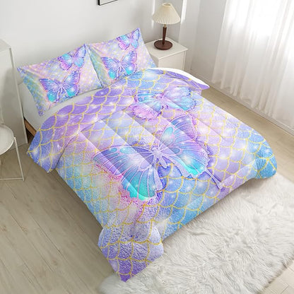 CVHOUSE Butterfly Comforter Set Queen Size,Rainbow Mermaid Butterfliy Bedding Set for Kids Girls,Rainbow Mermaid Butterflies Quilt Set Butterfly Duvet Set Girl's Bedroom Decor 3 Pieces, Eebttaf075