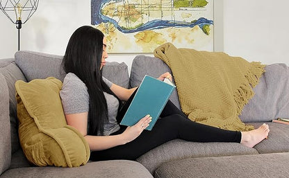 Super Soft Velvety Backrest Reading Bed Rest Pillow with Arms and Pockets 18" H for Sitting in Bed Couch Sofa, Back Support Wedge Cushion with Removable Cover, 20" x 18" x17", Brown