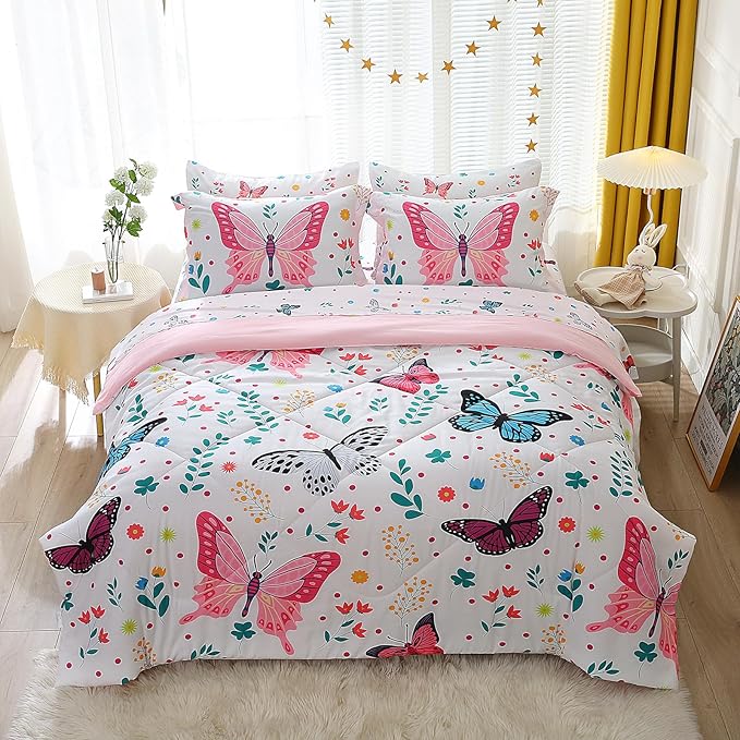 Girls Butterfly Comforter Set Full Size 7 Piece Bed in A Bag Colorful Flowers Leaves Bedding Set for Kids Teens Super Soft All Season
