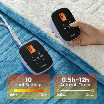 WOOMER Heated Blanket King Size,Durable Flannel and Soft Sherpa,Dual Control,90” × 100” Electric Blanket, 10 Heat Levels&0.5-12h auto-Off, Overheat Protection,Energy Efficient