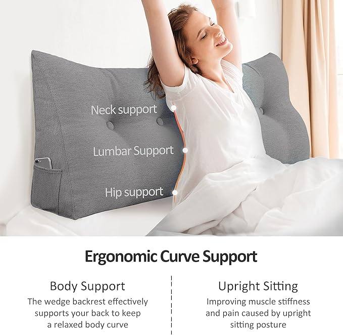Wedge Pillow Headboard Reading Pillow for Sitting Up in Bed Adult Backrest Large Triangle Bolster Pillow for Couch Daybed Cushion Lumbar Body Support Leg Positioning（Grey, King）