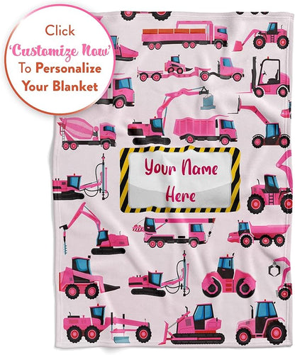 Personalized Construction Truck Blanket for Girls and Boys, Cute Custom Name Throw in Blue or Pink, Colorful Heavy Duty Vehicle Theme, Soft and Plush, Christmas or Birthday, (Fleece 60x80)