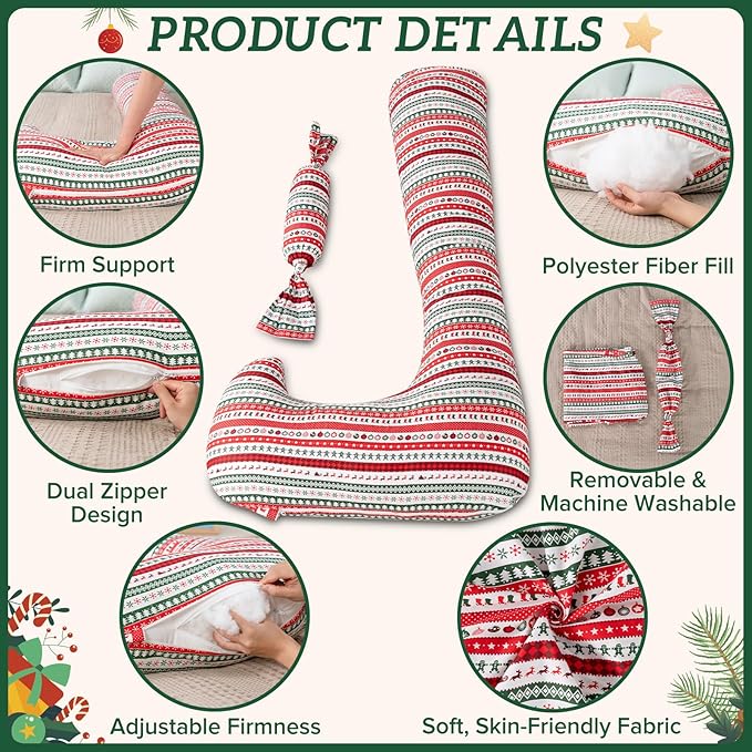 Long Body Pillow with Mini Candy Pillow - Full Size Hugging & Cuddle Bolster, Removable Red Christmas Print Cover, Adjustable Firmness, Machine Washable- for Adults, Kids, Pregnancy Support