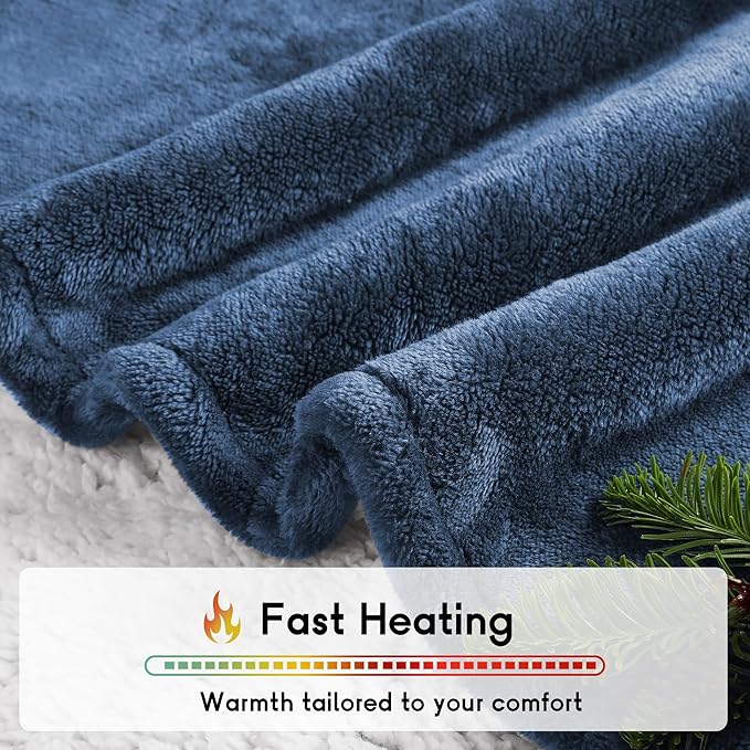 Heated Blanket Electric Throw 50''x60'', 3 Hour Auto Shut-Off 5 Heating Levels Small Warm Soft Flannel Electric Blanket Machine Washable - Navy Blue