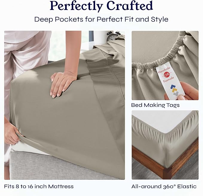 California Design Den King Bed Sheets Set - Soft 400 Thread Count Sateen, Natural 100% Cotton Sheets, Durable & Breathable Bedding with Deep Pockets - Taupe