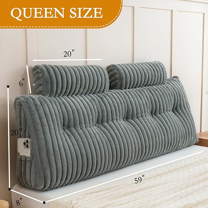 YOUR MOON Large Wedge Headboard Pillow Queen for Back with 2 Roll Pillows, Faux Fur Backrest Cushion with Shredded Memory Foam, Triangular Wedge Reading Pillow for Bed Sitting Up Sleeping, Gray