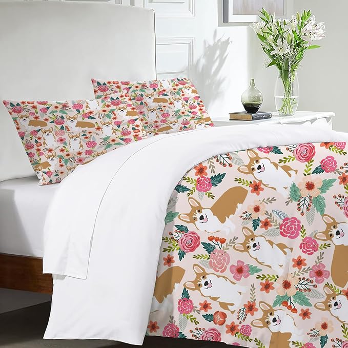 Corgi Dog Puppy Theme 3 Pieces Duvet Cover Comforter Set with 2 Pillowcase Queen Size Dog Print Bed Sheet Quilt Bedroom Bedding for Lover Kids