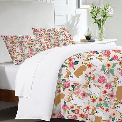 Corgi Dog Puppy Theme 3 Pieces Duvet Cover Comforter Set with 2 Pillowcase Queen Size Dog Print Bed Sheet Quilt Bedroom Bedding for Lover Kids