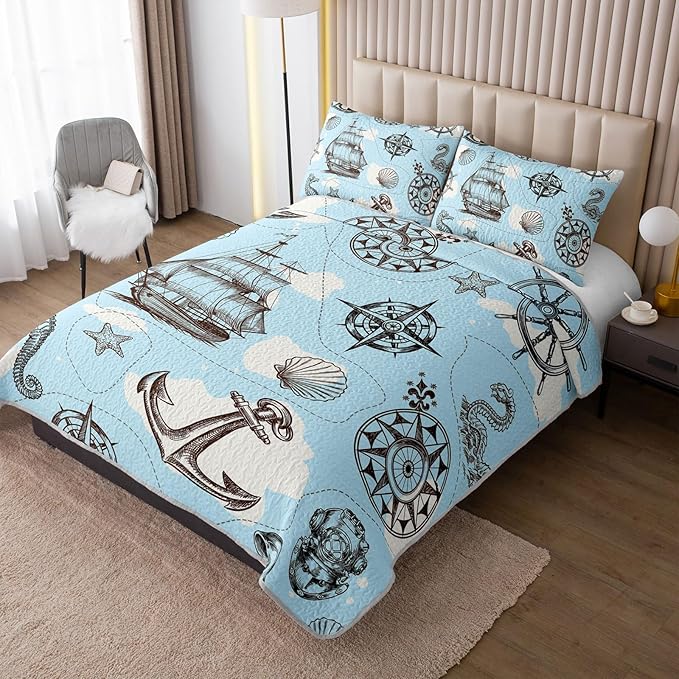 QOOMO Voyage Quilt Set Twin Size,Navigate Bedspread Coverlet Set,Anchor 3Pcs Bedding Set Printed Quilt with 2 Pillowcases,Soft and Lightweight,for All Seasons