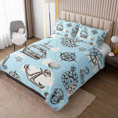 QOOMO Voyage Quilt Set Twin Size,Navigate Bedspread Coverlet Set,Anchor 3Pcs Bedding Set Printed Quilt with 2 Pillowcases,Soft and Lightweight,for All Seasons