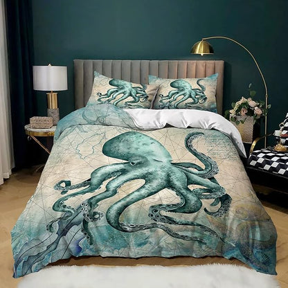 CVHOUSE Octopus Duvet Cover Twin Size,Sea Animal Mediterranean Style Design Bedding Set,Ocean Comforter for Kids Teens,1 2 Pillowcases 3 Piece Twin 71'x87'