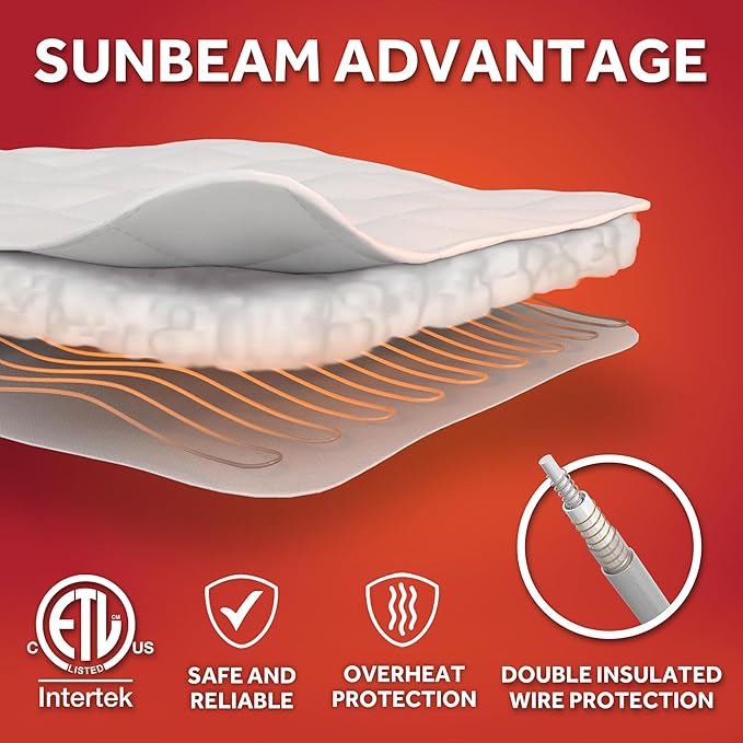 Sunbeam Electric Heated Mattress Pad King 80" x 76" 12 Heat Settings 12-Hour Auto Shut-Off Fast Heating Soft Cozy Fabric Deep Pocket Skirt Machine Washable