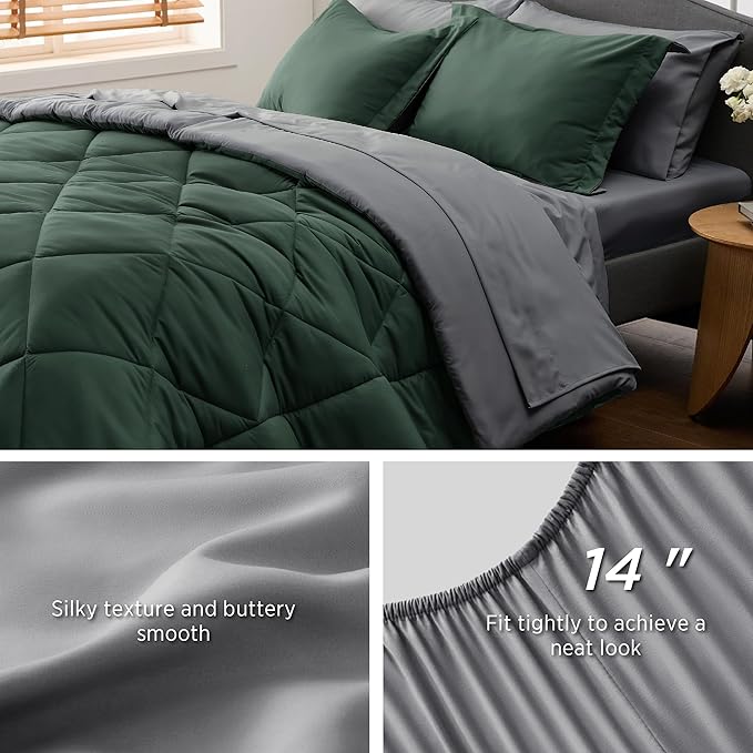 Bedsure Forest Green Twin XL Comforter Set - 5 Pieces Reversible Twin XL Bed in a Bag for College, Extra Long Twin Bed Set Forest Green and Grey with Comforters, Sheets, Pillowcase & Sham