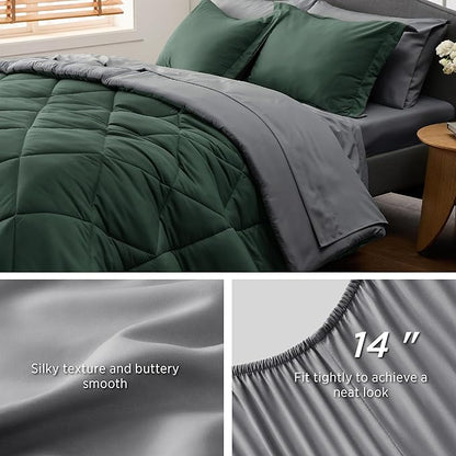 Bedsure Forest Green Twin XL Comforter Set - 5 Pieces Reversible Twin XL Bed in a Bag for College, Extra Long Twin Bed Set Forest Green and Grey with Comforters, Sheets, Pillowcase & Sham