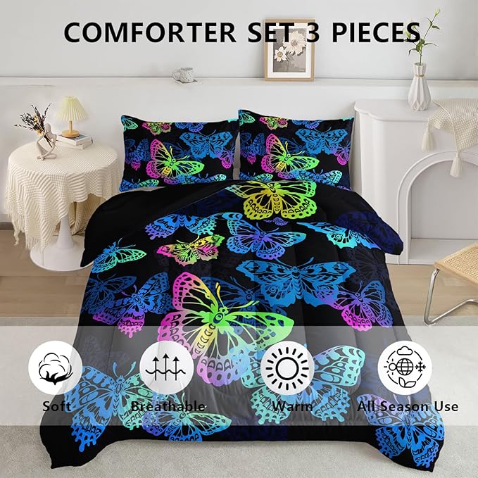 Axolotl Colorful Butterflies Bedding Set,Twin Size Kids Bed Set,Gradient Butterfly Comforter Set,1 Quilt with 2 Pillowcases for Boys Girls Kids Teens Children Adults Room Decor All Season,Black