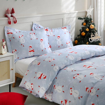 JSD Blue Snowman Kids Christmas Duvet Cover Set Queen Size, 3 Piece Printed Microfiber Comforter Cover with Pillow Shams Zipper Closure, Comforter Not Included