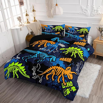 Kids Comforter Set Dinosaur Theme Printed Pattern Bedding Set with 1 Comforter and 2 Pillowcases for Girls Boys Bedroom All Season(Dinosaur ThemeTwin)