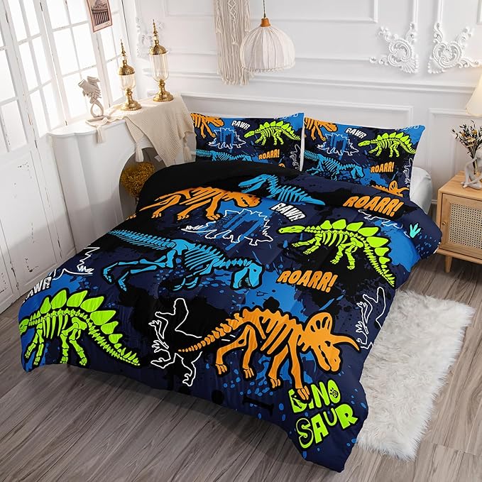 Kids Comforter Set Dinosaur Theme Printed Pattern Bedding Set with 1 Comforter and 2 Pillowcases for Girls Boys Bedroom All Season(Dinosaur ThemeFull)