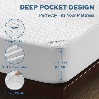 BEDLORE Twin Mattress Protector, Waterproof Noiseless Mattress Cover with Stretchable Pockets for 6-15 inches Mattress, Soft Breathable Mattress Pad Machine Washable (White)