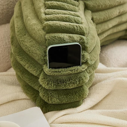 WERDIM Reading Pillow for Sitting in Bed, Faux Fur Back Pillow for Rest, Bed Chair Pillow with Arms and Pockets(XLarge, Sage)