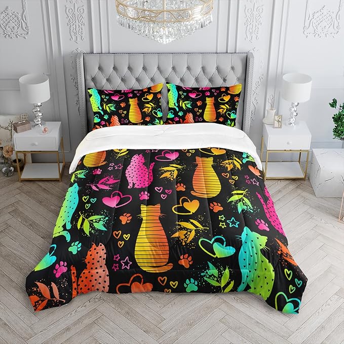 Kawaii Cat Animal Comforter 3Pcs Queen Lovely Pet Cat Bedding Set for Kid Teen Girl Boy Adult Room Decor Cartoon Kitten Paw Heart Bamboo Leaf Pattern Quilt with 1 Comforter and 2 Pillowcases