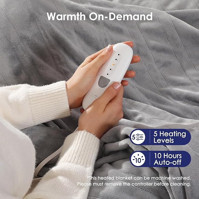Electric Blanket Heated Blanket Full Size with 5 Heat Levels & 10 Hrs Timer, Premium Cozy Double Flannel Heating Blanket, Fast Heating & Overheating Protection, Grandma Birthday Gifts(Subtle Grey)