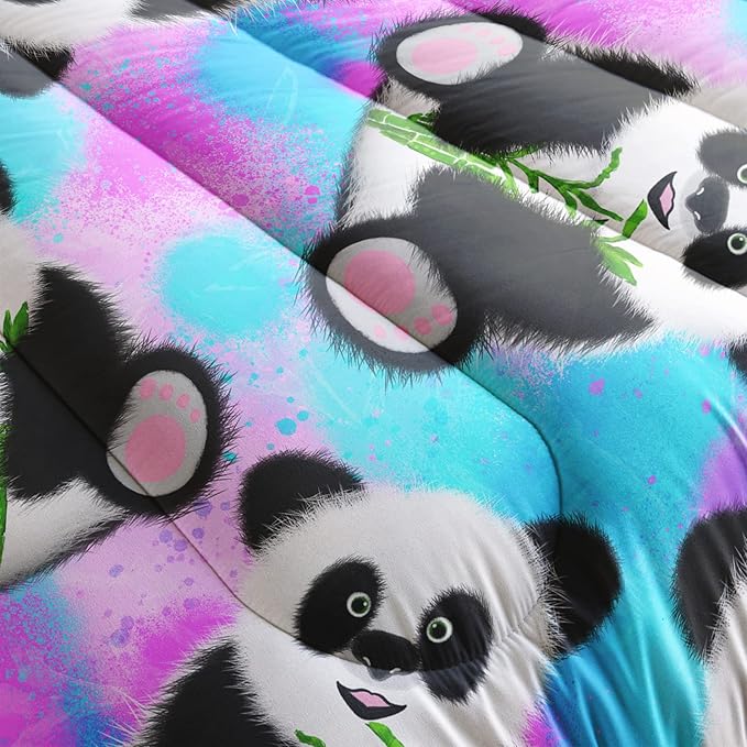 QOOMO Panda Comforter Queen Size,Neon Panda Comforter Set for Kids Teens Girls Boys,3Pcs Bedding Set Printed Comforter with 2 Pillowcases,Down Alternative,Soft and Lightweight，Queen Size