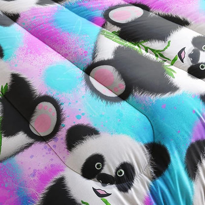 QOOMO Panda Comforter Queen Size,Neon Panda Comforter Set for Kids Teens Girls Boys,3Pcs Bedding Set Printed Comforter with 2 Pillowcases,Down Alternative,Soft and Lightweight，Queen Size