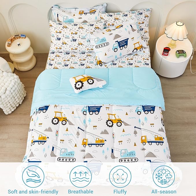 Mooreeke Twin Size Comforter Sets for Girls Kids, 6 Pieces Bed in a Bag Truck Excavator Bedding Comforter Sheet Set with Shams and Decorative Toy Pillow, Ultral Soft Microfiber Kids Bed Set