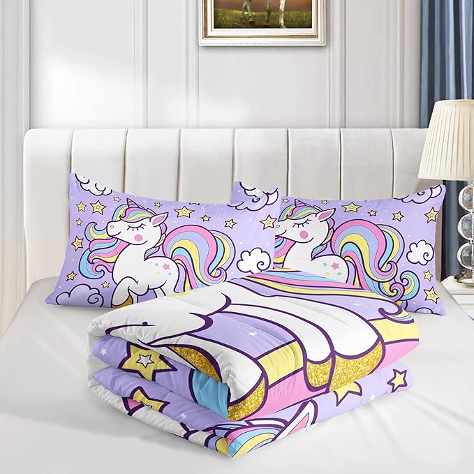 Axolotl Rainbow Unicorn Bedding Set Full,Purple Unicorn Kids Comforter Sets with Stars Cloud for Girls,1 Quilt with 2 Pillowcases for Girls Kids Teens Children Adults Bedroom Decor All Season