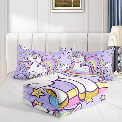 Axolotl Rainbow Unicorn Bedding Set Full,Purple Unicorn Kids Comforter Sets with Stars Cloud for Girls,1 Quilt with 2 Pillowcases for Girls Kids Teens Children Adults Bedroom Decor All Season