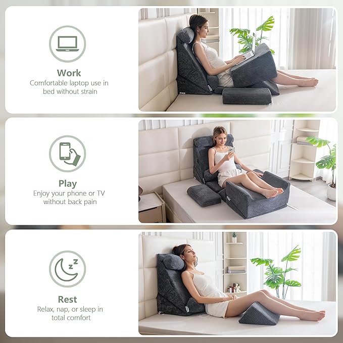 HIGOGOGO 10PCS Orthopedic Bed Wedge Pillow Set – Adjustable Soft Foam Body Positioners for After Surgery Recovery, Back & Leg Pain Relief, Sitting Up in Bed, Acid Reflux & GERD, Dark Grey