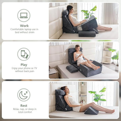 HIGOGOGO 10PCS Orthopedic Bed Wedge Pillow Set – Adjustable Soft Foam Body Positioners for After Surgery Recovery, Back & Leg Pain Relief, Sitting Up in Bed, Acid Reflux & GERD, Dark Grey