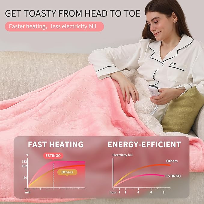 ESTINGO Heated Blanket Full Size, Electric Blanket with 6 Heating Levels & 1-10 Hours Auto Off, Machine Washable Plush Heating Blanket with Timer for Bed Camping Office 72" x 84", Pale Pink