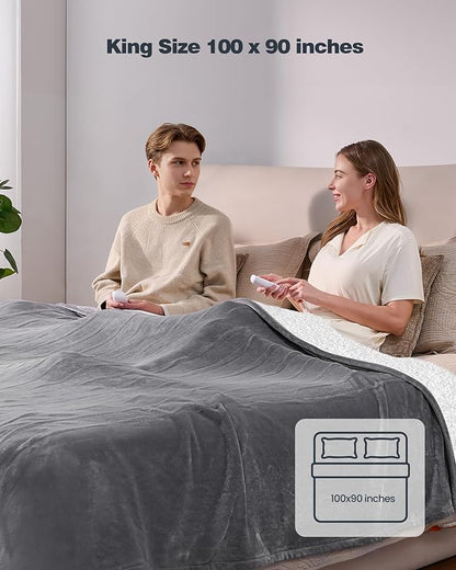 Electric Blanket King- Soft Heating Blanket, Dual Control & 9 Heat Levels, 10H Timer, Soft Flannel to Sherpa, Fast Heating Electric Throw, Machine Washable, Gift for Mom, Dad, 90"x100" Grey