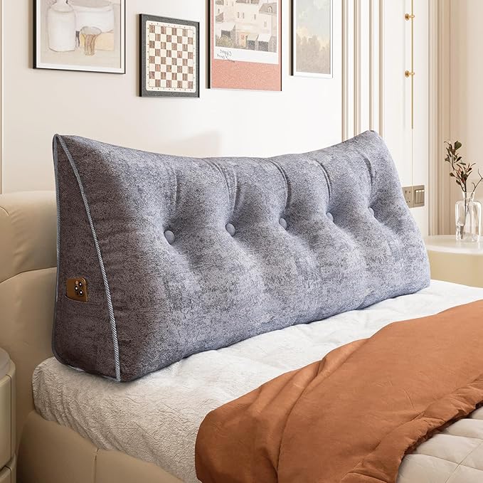 11 lbs Thickened Wedge Pillow Headboard Body Positioner Bed Wedge Pillow Backrest Support Triangular Headboard Pillow for Sleeping with Side Pocket Velvet Positioning Support Light Grey Queen