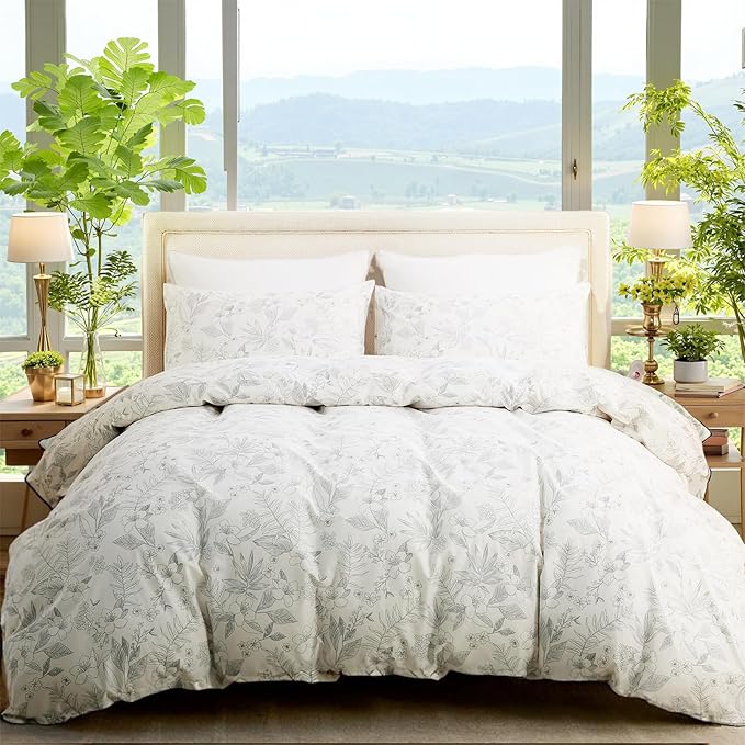 100% Cotton Floral Duvet Cover Set Queen Size Ultra Soft Breathable Grey Floral and Leaf Comforter Cover Set 3 Pcs All Season Cozy Floral Bed Cover with Zipper Closure