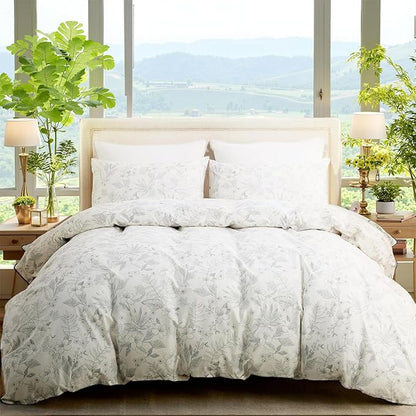 100% Cotton Floral Duvet Cover Set Queen Size Ultra Soft Breathable Grey Floral and Leaf Comforter Cover Set 3 Pcs All Season Cozy Floral Bed Cover with Zipper Closure