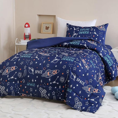 Toddler Comforter Set for Kids, Boys, Girls, 4 Pieces Bed-in-a-Bag Bedding Set, All Season Ultra Soft Sheets Set with Comforter, Space Rocket